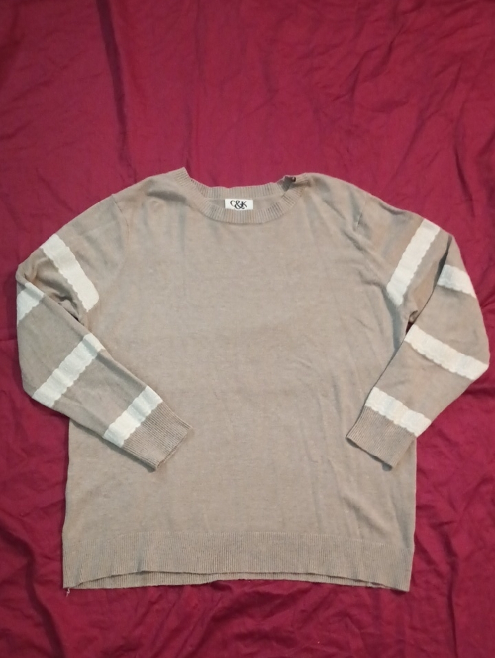 C&K Neutral Beige Lace Striped Sleeve Sweater Woman's XL Comfy Casual